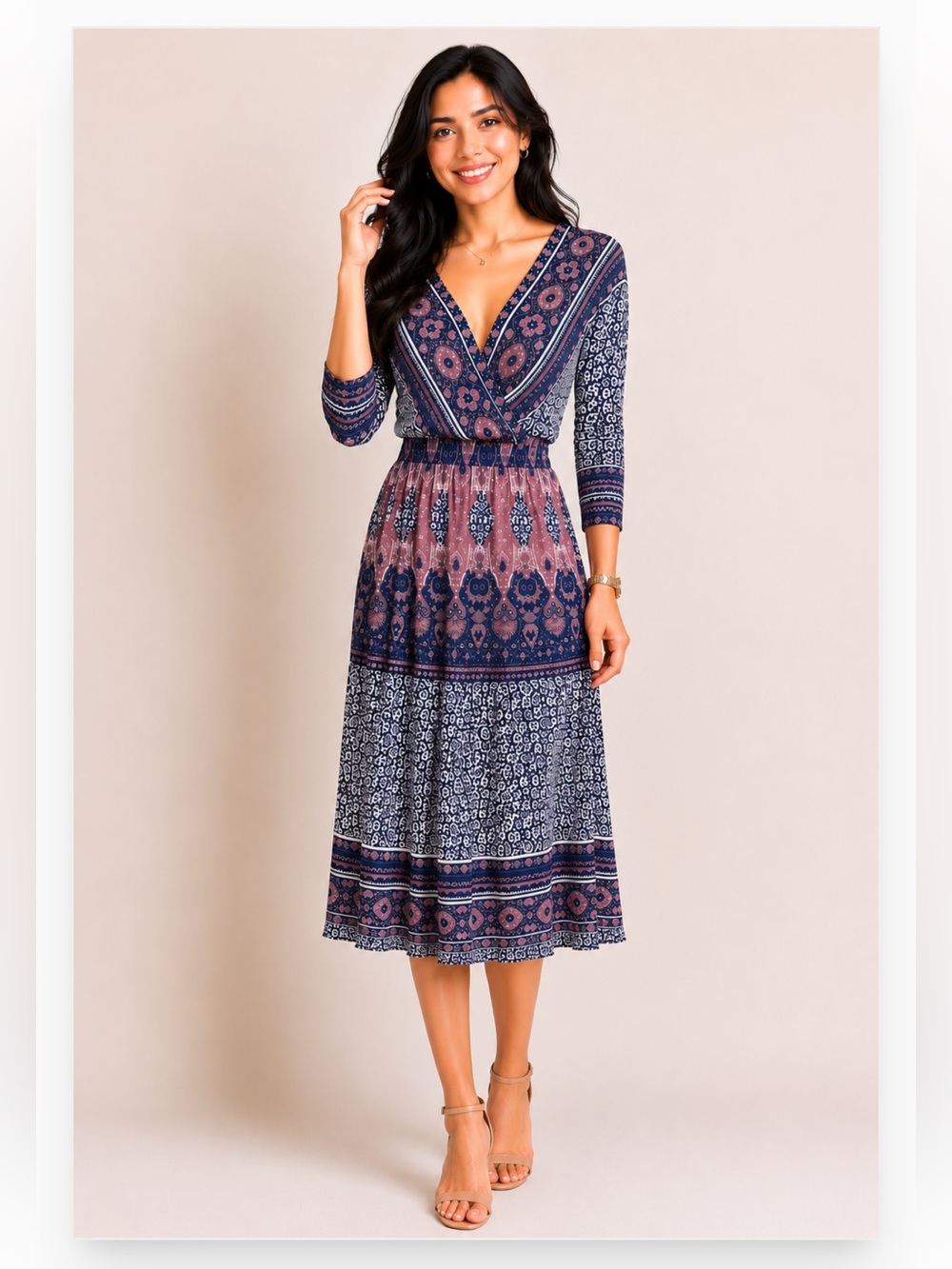 Free People Boho Paisley Mixed Print Surplice Midi Dress Size S